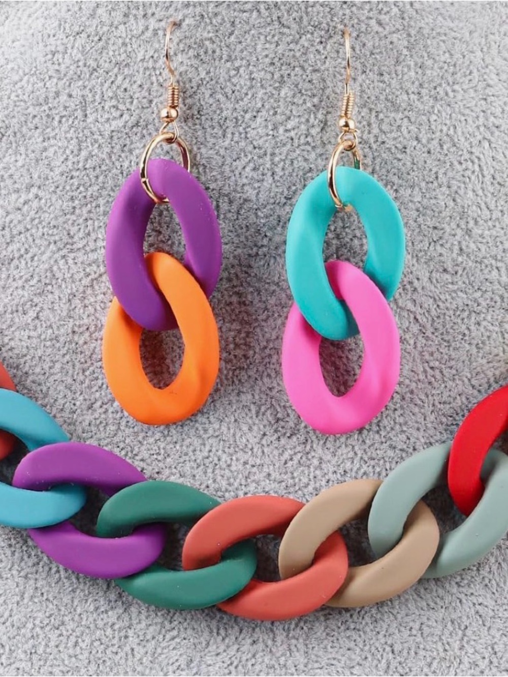 3PC Multicolor Link Chain Necklace & Earring Set - Picture 3 of 3